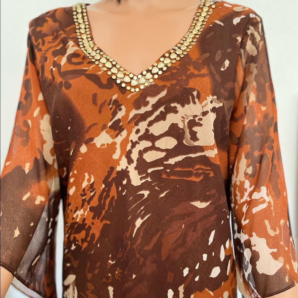 Signature JMB Plus Size 1X Tunic Beaded Lined Body Designer Women Brown Shades